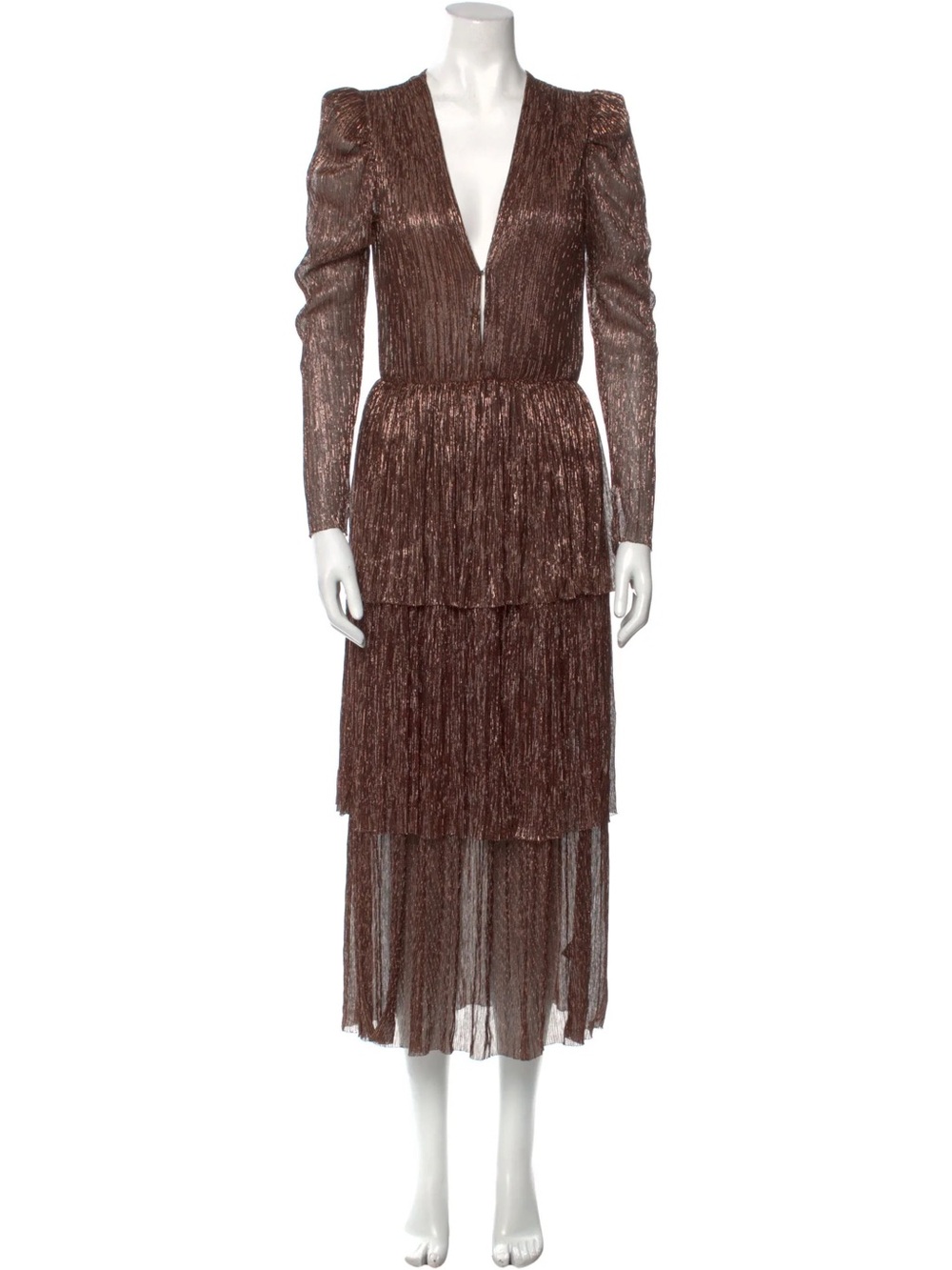 Sabina Musayev Plunge Neckline Brown Metallic Tiered Midi Dress Size XS